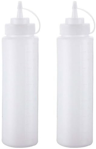 Tradineur Lot de 2 bouteilles en plastique rechargeables pour servir des sauces, distributeur d'assaisonnement réutilisable, ketchup, moutarde, huile, fabriqué en Espagne, 700 ml