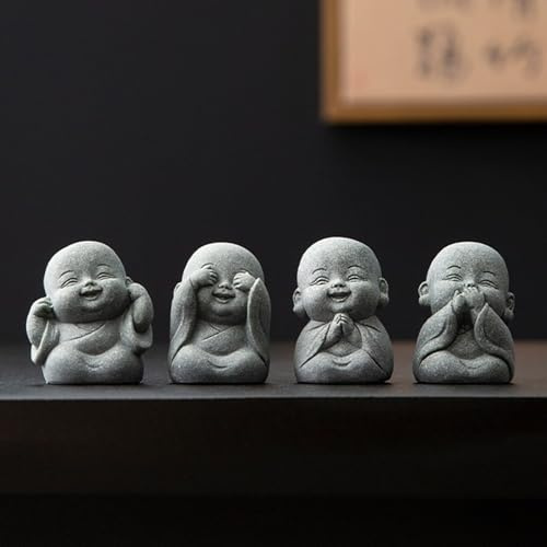 UTTCMK Laughing Buddha Statue Decor - 4Pcs Small Zen Monk Sandstone Buddha Sculpture for Wealth Good Luck Feng Shui Decor, Cute Zen Decoration for Home Office Desk Indoor and Outdoor(Gray)