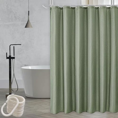 Green Waffle Shower Curtain with 12 Hooks, Weighted, Waterproof, Mould Resistant, 180 x 200 cm for Bathtub