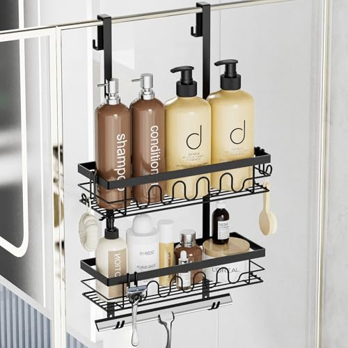Duschablage ohne Bohren, Duschablage zum Hängen für Duschwand, Duschregal ohne Bohren mit 2 Duschkörben, Duschregal zum Hängen Shampoo Halterung für Dusche Schwarz