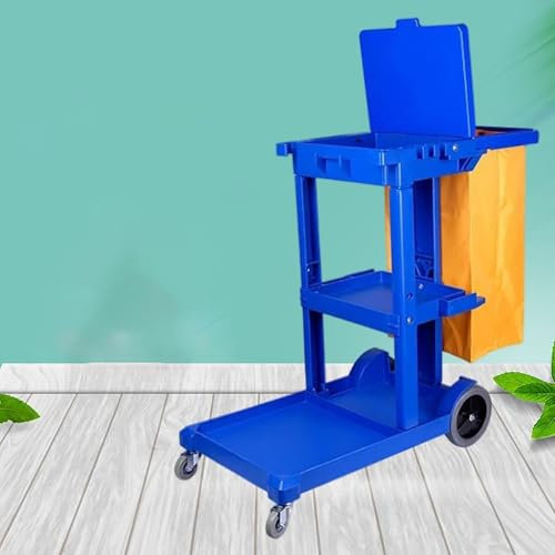 Hausmeisterwagen auf Rädern, gewerblicher Reinigungswagen mit Vinyltasche und Deckel, 3 Regale, Hausmeisterwagen für das Einkaufszentrum, Hotel, Büro,Blau