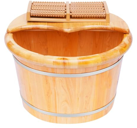 XUFOPLY Wooden Foot Bath Basin, Solid Cedar Wood Foot Tub Bath Basin Massage Barrel Soaking Tub with Lid & Massage Roller for Soak, Massage, Spa, Sauna