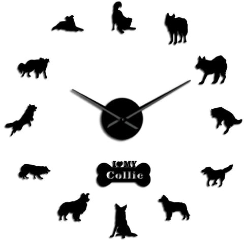 Silhouette di Border Collie Orologio da Parete Adesivo Moderno Senza Cornice Fai Da Te Design 3D Grandi Dimensioni per Soggiorno, Camera, Ufficio, Facile Installazione (nero,120CM)