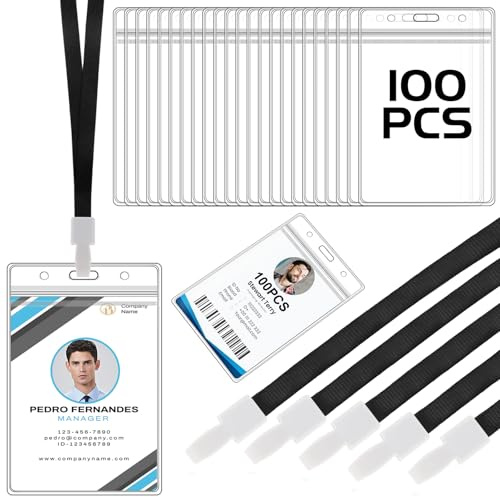 100 Stück Ausweishalter mit Band, 12x8cm Wasserdicht Ausweishülle, Transparenter PVC Kartenhülle Vertikal Ausweishalter mit Schlüsselband, für Mitarbeiter Studenten Ausstellungen(Schwarz)