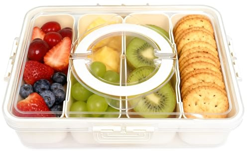 HOUSLUX Snackbox mit Fächern PP Snackbox mit Deckel und Griff Spülmaschinenfest Organizer für Süßigkeiten Gemüse Nüsse Obst Keksen Dessert (4 Fächern)
