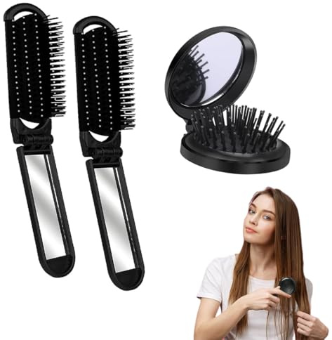 3 Pièce Brosse Cheveux Voyage,Petite Brosse a Cheveux,Brosse Cheveux, Miroir de Poche, Brosse Cheveux Pliable pour Salle de Sport, Voyage, Sac à Main, Natation