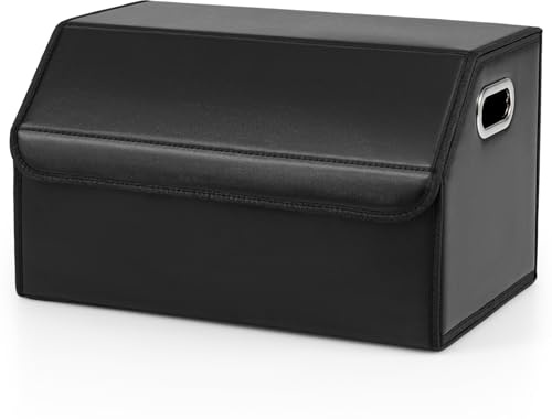 TANGZON 35/51L Car Boot Organiser, Collapsible Trunk Organizer with Lid, Removable Dividers & Sturdy Handle, Multipurpose Leather Storage Box for SUV, Truck, Sedan (35 L，Smooth Surface)