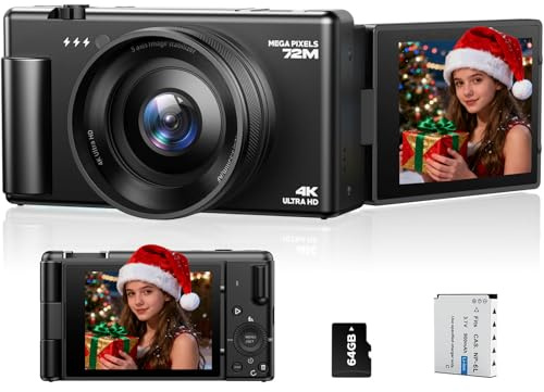 Digitalkamera 4K, Fotokamera 72MP Autofokus 18X Digitalzoom Vlogging-Kamera für YouTube, 2.8 270° Klappbarer Bildschirm Digital Camera mit 64GB Karte & Akku für Anfänger Teenager Jugendliche
