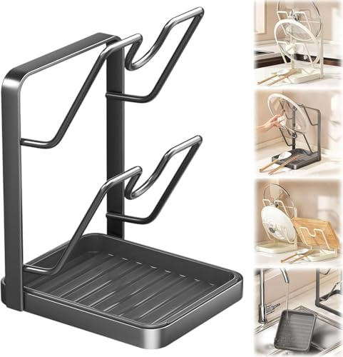 Kitchen Pot Lid Storage Rack,Pot Lid Holder With Tray, Lid Holder While Cooking, Lid And Spoon Rest, Multifunctional Kitchen Organizer Stand for Stove Top (Gray, Double-layer)