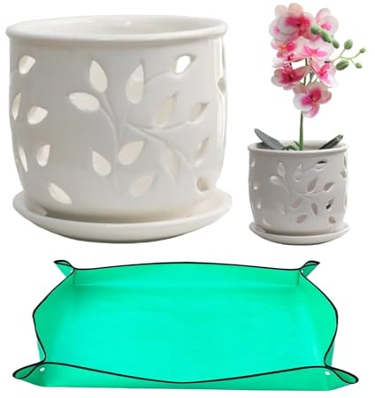 Macetas para orquídeas con agujeros, macetero de cerámica para orquídeas con platillos, orificio de ventilación para respirar fácilmente, maceta para trasplantar flores, macetas de 5 pulgadas