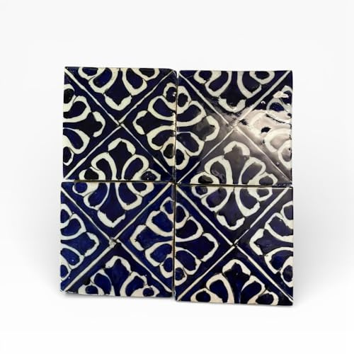 Lot de 4 carreaux marocains peints à la main, en céramique bleue et blanche, 10 x 10 cm, Zellige de Fes, pour cuisine et mur