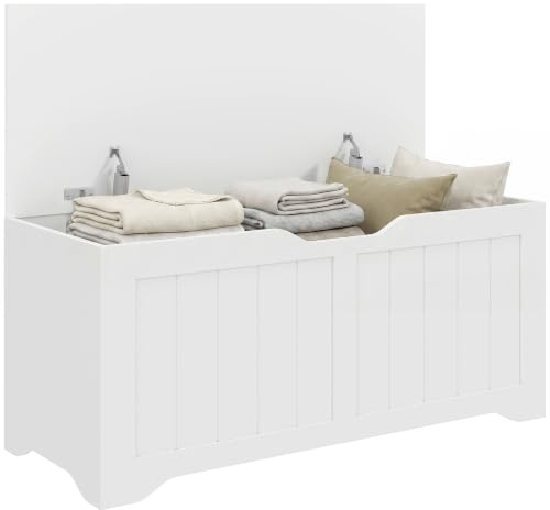HOMCOM Cassapanca Contenitore da Interno 108L 80x40x45 cm Bianco | 2 Cerniere di Sicurezza, Baule Design Senza Maniglie, per Soggiorno e Ingresso, Panca Contenitore Moderna