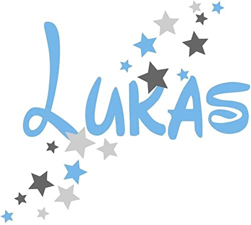 Türaufkleber mit Namen 73064-29cm-tricolore-lichtblau-dunkelgrau-grau, mit Sternen, fürs Spielzimmer Jungenzimmer, Kinderzimmer Jungen, Wandtattoo Wunschname