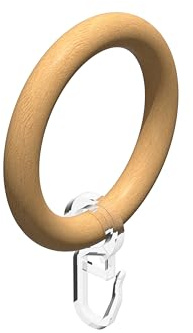 Interdeco Gardinenringe mit Faltenhaken/Holz-Ringe in Buche für Gardinenstangen 28 mm Ø (10 Stück)