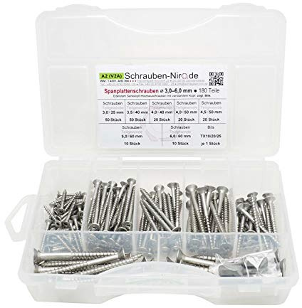 Spanplattenschrauben Sortiment Set (Durchmesser 3,0 bis 6,0 mm) A2 Edelstahl rostfrei - 180 Teile - Holzschraube Universalschraube