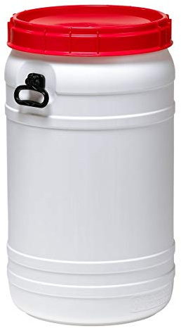 Curtec HDPE Superweithalsfass 110l, XL-Einfüllöffnung, mit roten Schraubdeckel, stapelbar, wasserdicht, naturweiß