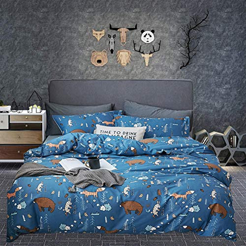 Jumeey Bettwäscheset für Jungen, Bärenmotiv, Baumwolle, Waldtiere, Queensize-Bett, marineblau, Wald, Kinder, Fuchs, Kaninchen, Bär, bedruckt, Bettwäsche, Waschbär, Queensize, Bettbezug Teenager