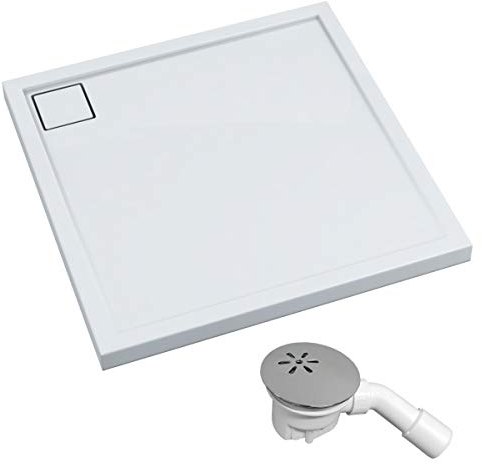 VBChome Duschwanne 90x90x5 cm Duschtasse Quadratisch für Duschkabine Styroporträger flach Sanitär-Acryl Duschbecken stabil glatt weiß Dusche+ Ablaufgarnitur Viega Tempoplex