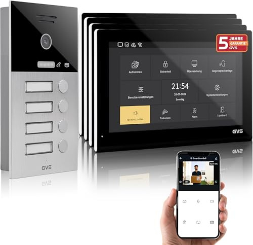 GVS - IP Video Türsprechanlage 4 Familienhaus mit Türöffner, HD Kamera, 4X 10 Zoll Monitor & App - Smarte Video Türklingel mit Kamera & Gegensprechanlage (AVS5518U)