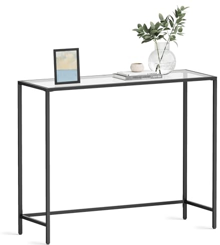 VASAGLE Konsolentisch, Beistelltisch, Oberfläche aus Hartglas, moderner Sofatisch, einfacher Aufbau, verstellbare Füße, Wohnzimmer, Flur, tintenschwarz-transparent LGT026B01