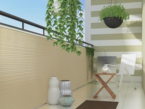 Polyrattan Sichtschutzmatte in Rattan-Optik PVC Sichtschutz Matte Sichtschutzzaun Balkongeländer Sichtschutzwand Balkonsichtschutz Balkon Zaun Windschutz Poolumrandung Zaun (beige, 300x90cm)