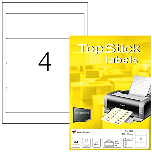 TopStick 8413 Ordnerrücken Etiketten breit kurz, 25 Blatt, 192 x 61 mm, 4 pro A4 Bogen, 100 Stück, selbstklebend, bedruckbar, blickdicht, blanko Papier Ordneretiketten Rückenschilder Aufkleber, weiß