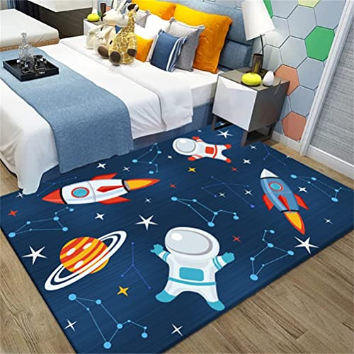 Judy1980 Kinderteppich Universe Planet Astronaut Wohnzimmerteppich rutschfest Blau Schwarz Teppich Jungen und Mädchen Spielteppich Teppich Waschbar (B, 120 x 160 cm)