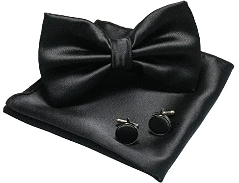 JEMYGINS Papillon da uomo nero 5 Papillon in raso e fazzoletto da taschino con gemelli