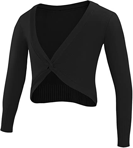 Hedmy Kinder Mädchen Langarm Strickjacke Ballett Wickeljacke Gymnastik Turnen Ballettjacke Wickeltops Einfarbig Pullover Schwarz 134-140