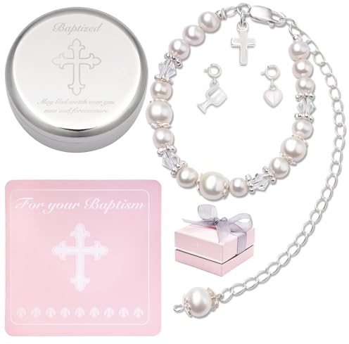 Tryuunion Baptism Bracelet in Sterling Silver and Cultured Pearls for Baby Girls, Comes with a Unique Silver-plated Jewelry Keepsake Box, Christening and Baptism Gifts For Girl,Includes 3 Charms