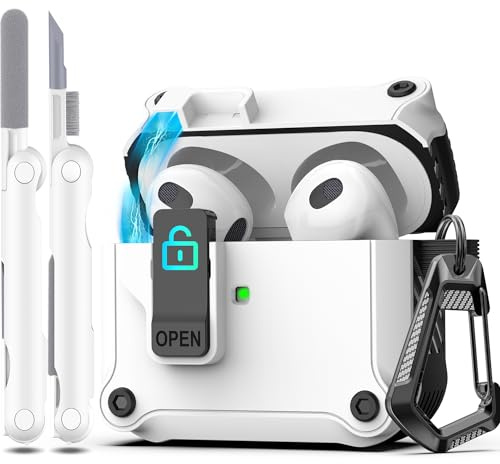 R-fun Kompatibel mit AirPods 3rd Generation 2021 Ladecase Abdeckung, Full Drop Protection Auto Pop-Up Deckel Kompatibel mit Apple Airpod 3-Gen Fall mit Cleaner Kit Schlüsselanhänger,Weiß