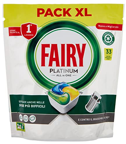 Fairy Platinum Detersivo Pastiglie Lavastoviglie Brillantante, 33 Capsule Lavastoviglie, Limone, Con Sistema Di Prelavaggio Integrato, Efficace Nelle Sfide Difficili Contro Lo Sporco