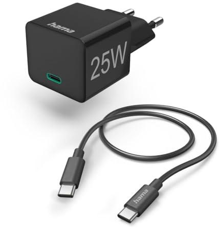 Hama Schnellladegerät, mit USB C Ladekabel, Ladeadapter 25 Watt, Set, 1,5m | USB Schnellladegerät schwarz, mit PD 3.0, Quick Charge, Kabel USB C auf USB C, USB C Ladegerät, schnellladen, klein