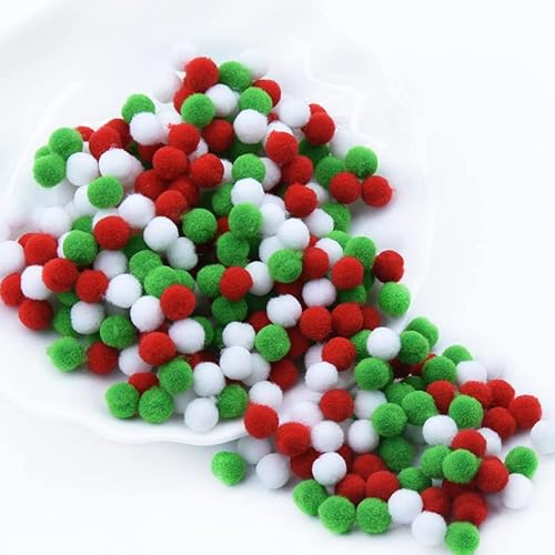 600 Stück Weihnachts-Pompons, flauschige Pompons zum Basteln, rot, grün, weiß, Filz-Bälle (10 mm)