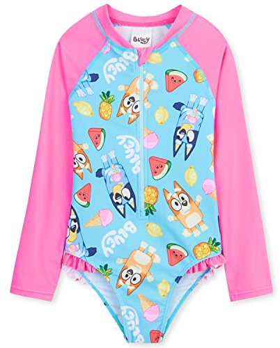 Bluey Girls Swimming Costume Long Sleeve Swimsuit or One Piece or Rash Guard Set for Kids Toddlers Swimwear for Pool Beach Holiday Essentials (2-3 Years, Pink/Blue)