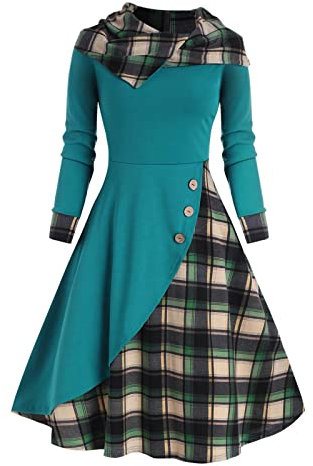 Masrin Gothic Umhang Kleider Damen Vintage Kariertes Patchwork Kapuzenkleid Langarm Hemdkleid Frühling Winter A-Linien Kleid Tunikakleid Skaterkleid Partykleid Midikleid Ballkleid