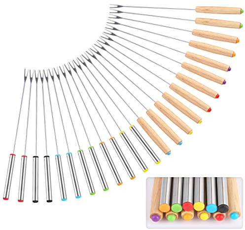 24 Stück 24 Stück Edelstahl-Fondue-Gabeln, 12 Holzgriffe und 12 Edelstahlgriffe, hitzebeständige Smores-Sticks für Braten, Fleisch, Schokolade, Dessert, Käse, Marshmallows (6 Farben)
