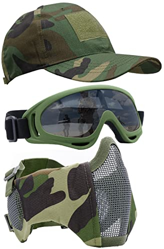 Yzpacc Airsoft Half Face Mask with Goggles& Patch Hat Set, Tactical Masks Full Face Ear Protective Baseball Cap for CS Halloween and Game (WL, 3PCS)