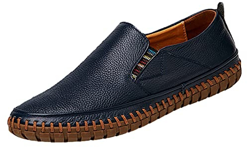 rismart Mocasin Hombre Casual Plano Cuero Ponerse Zapatos de Conducción Zapatilla Azul Marino,43