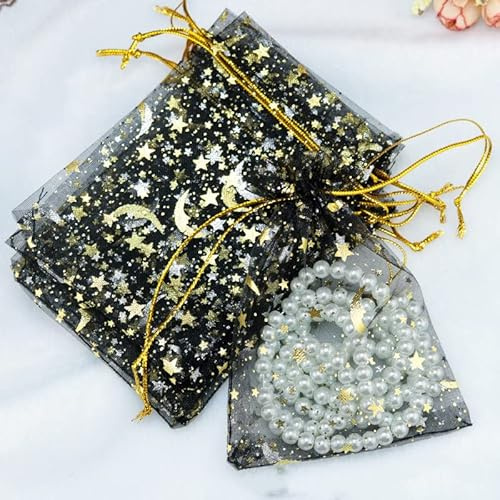 100 Stück Organzasäckchen,Bronzierender Sterne Mond Organzabeutel Geschenkbeutel Organza Schmuckbeutel Hochzeitsbevorzugung Bonbonsbeutel mit Kordelzug für Party Hochzeit Festival -Schwarz,9*12cm
