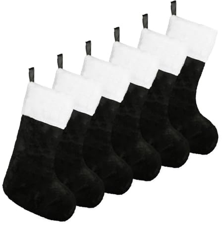 FOIMAS Weihnachtsstrümpfe, 45,7 cm, schwarz, Plüsch-Weihnachtsstrümpfe mit weißer Manschette für Kamin, Weihnachtsbaum, Heimdekoration, 6 Stück