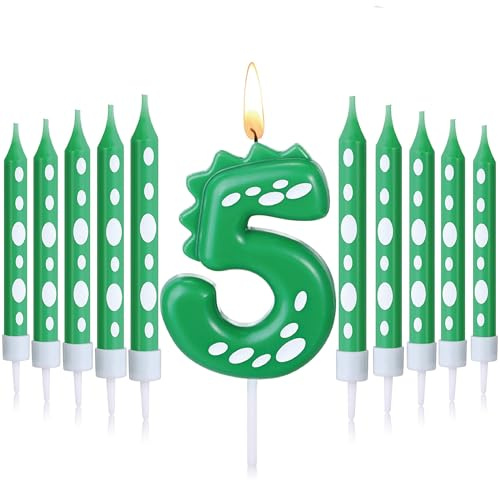 Herdear Grüne Dinosaurier Geburtstag Kerzen für Party 1 Stück Dino Zahlenkerze und 10 Lange Dünne Kerzen zum Geburtstag Grüne Dino Geburtstagskerzen für Dino Thema Kuchendeko Party Deko (Zahlen 5)