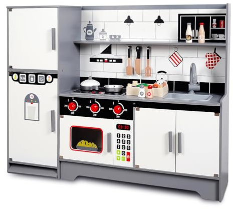 Kinderküche Spielküche aus Kinderküche Holz mit Kinderküche Zubehör Spülbecken Kochgeschirr Gewürze Küchenspielzeug für Mädchen und Jungen ab 3 Jahren