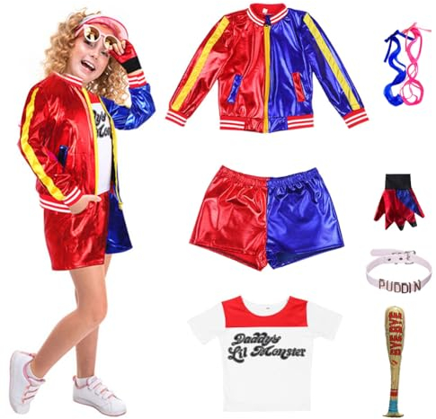 Disfraz de quinn para niños, disfraz de villano, juego de disfraz suicida, incluye chaqueta, camiseta, pantalones cortos y guantes, bate de béisbol hinchable, disfraz de Harley Cosplay para Halloween,