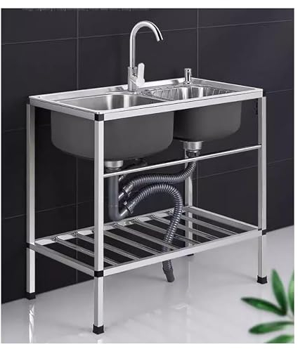 Freistehende Edelstahl Spültisch Set mit Wasserhahn, Küchenspüle 2 Becken, Komplettspüle Gastro Spültisch, Mobiles Waschtisch für Wäscherei, Garage und Garten