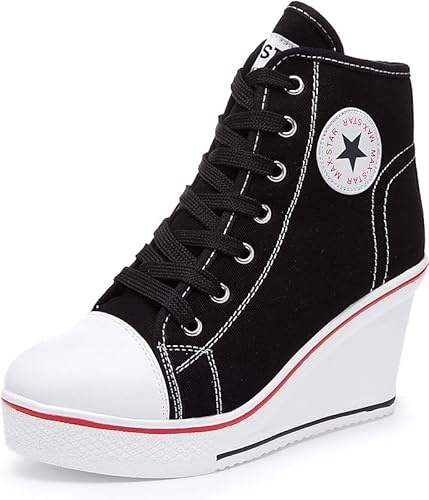 nulala Sneaker da Donna in Tela, con Zeppa, Scarpe da Ginnastica con Tacco Alto, Scarpe da Donna con Plateau per Lo Sport, Il Tempo Libero, Nero, 38 EU