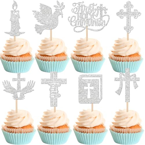 Xsstarmi Cupcake-Topper für die Erstkommunion, christliche Taufe, Babyparty, Kuchendekorationen, Taubengott, Segen, Kreuz, Cupcake-Picks für Erstkommunion, Party-Dekorationen, Silber, 24 Stück
