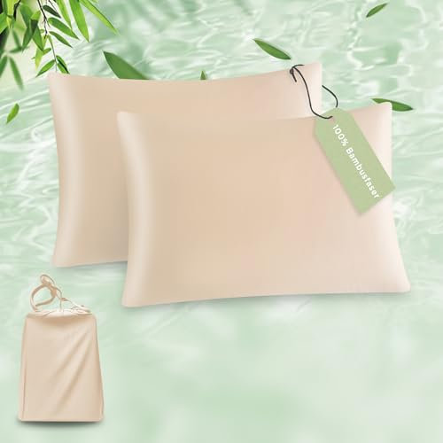 ATsense Kissenbezug 40x60 2er Set, Allergiker Bambusfaser Kühlender Kissenbezüge, Weich wie Seiden Satin Kissenbezug, Oeko-TEX Anti Milben Kopfkissenbezug, Beige