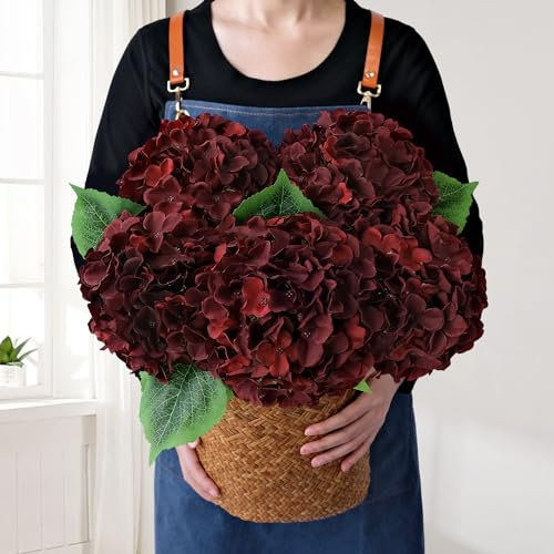 JINWOE 5Pcs Burgundy Silk Hydrangea Artificial Flowers, 20Inch Large Lifelike Flowers,Halloween Christmas Artificial Hydrangeas for Indoor Bouquet Table Centerpieces Floral Arrangements Home Wedding