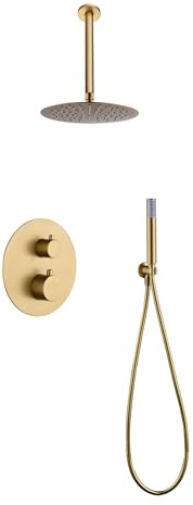 Conjunto de grifo termostático empotrado techo e 2 vías y ducha de mano (Oro Cepillado)